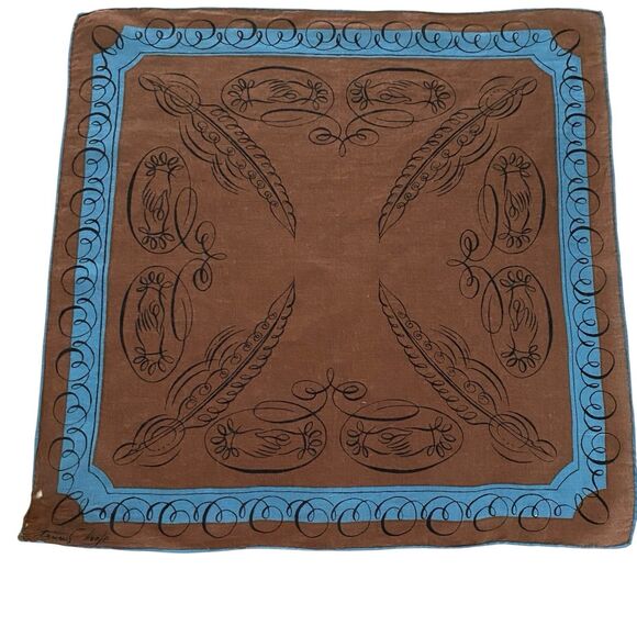 Tammi's Keefe Hanky Handkerchief Brown Blue Feathers Hands Hand Rolled Hem - Picture 1 of 2